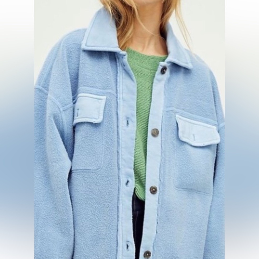 Free People Oversized Fleece Shacket in Light Blue with Green Layering Top - Picture 2 of 6